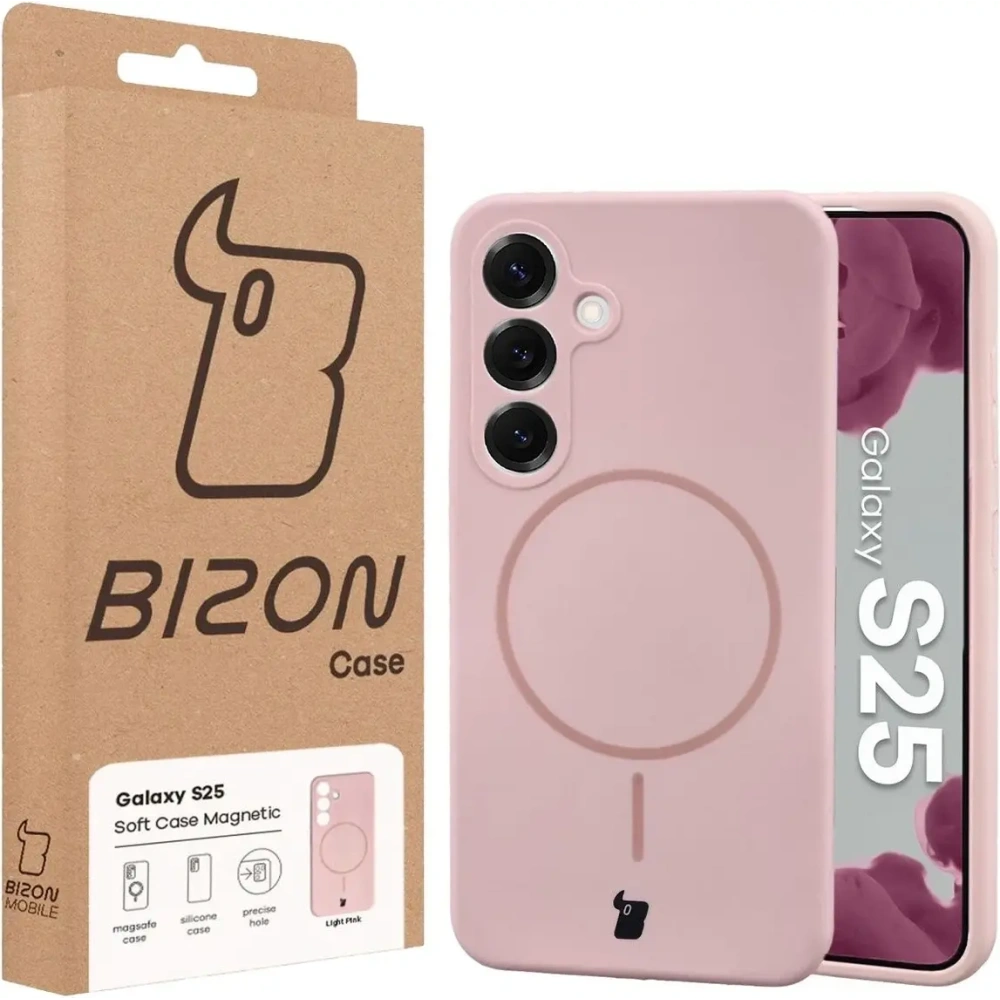 Silikonowe etui z pierścieniem magnetycznym Bizon Soft Case Magnetic do Samsung Galaxy S25 jasnoróżowe