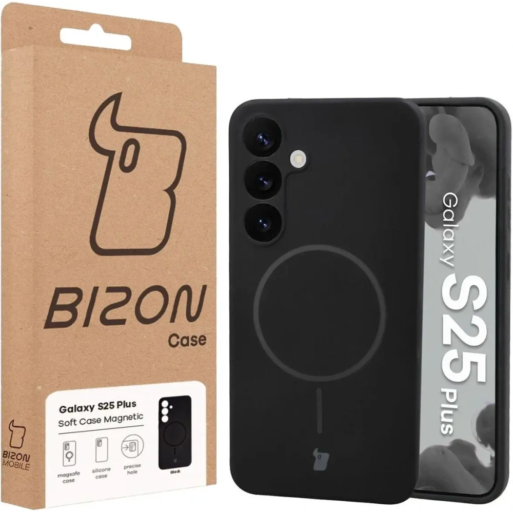 Silikonowe etui z pierścieniem magnetycznym Bizon Soft Case Magnetic do Samsung Galaxy S25+ Plus czarne
