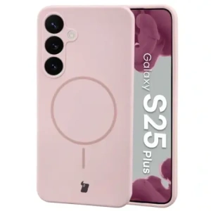 Silikonowe etui z pierścieniem magnetycznym Bizon Soft Case Magnetic do Samsung Galaxy S25+ Plus jasnoróżowe