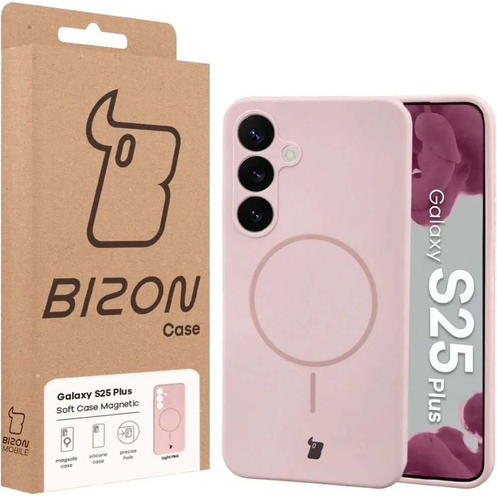 Silikonowe etui z pierścieniem magnetycznym Bizon Soft Case Magnetic do Samsung Galaxy S25+ Plus jasnoróżowe