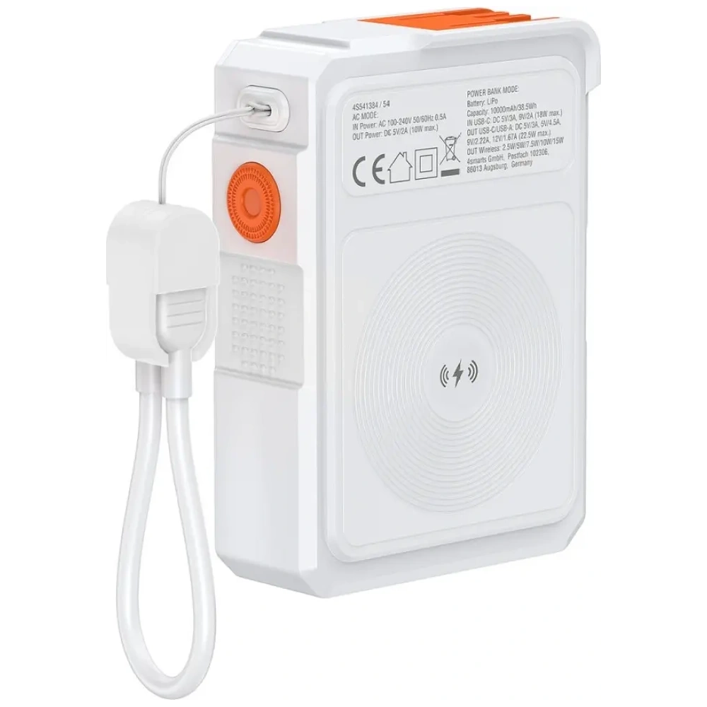 Ładowarka hybrydowa 4smarts 6w1 USB-C / USB-A PD 22.5W z powerbankiem 10000mAh, ładowanie indukcyjne Qi, kabel USB-C biała