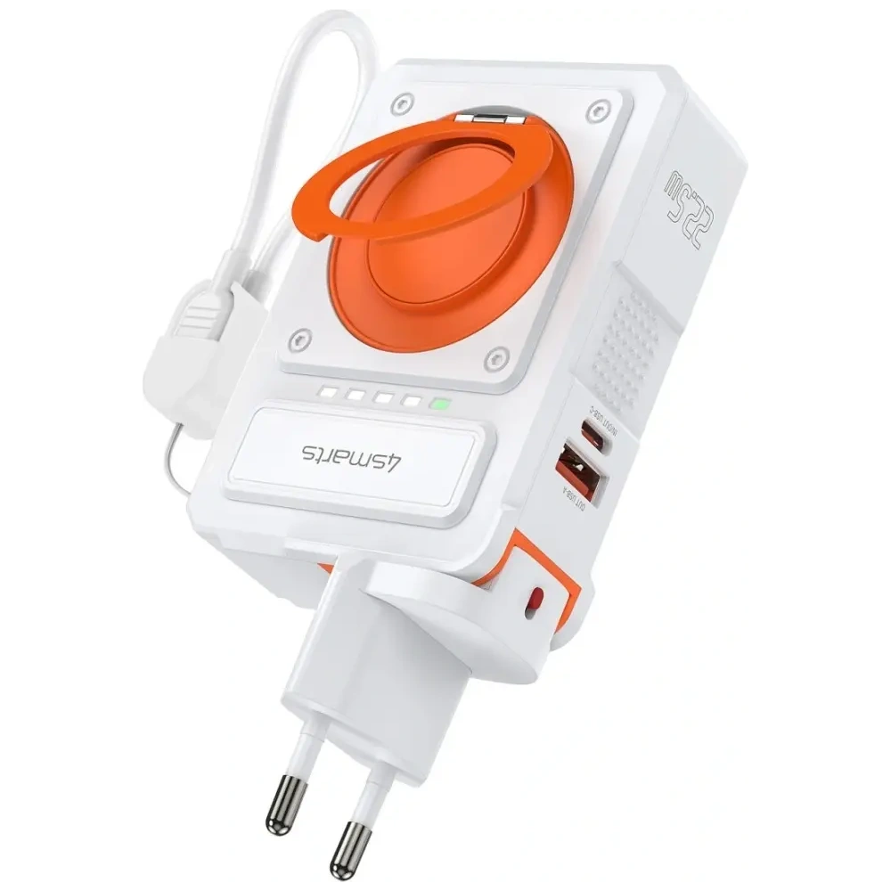 Ładowarka hybrydowa 4smarts 6w1 USB-C / USB-A PD 22.5W z powerbankiem 10000mAh, ładowanie indukcyjne Qi, kabel USB-C biała