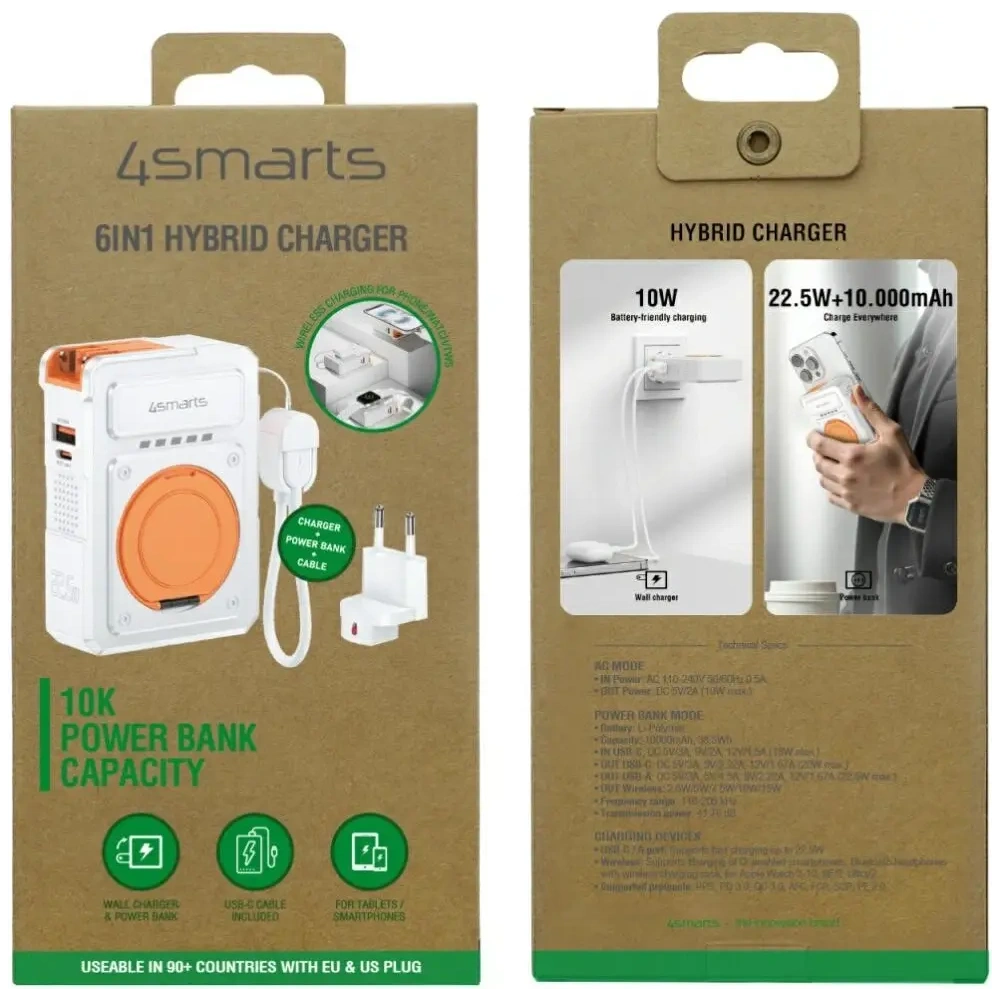 Ładowarka hybrydowa 4smarts 6w1 USB-C / USB-A PD 22.5W z powerbankiem 10000mAh, ładowanie indukcyjne Qi, kabel USB-C biała