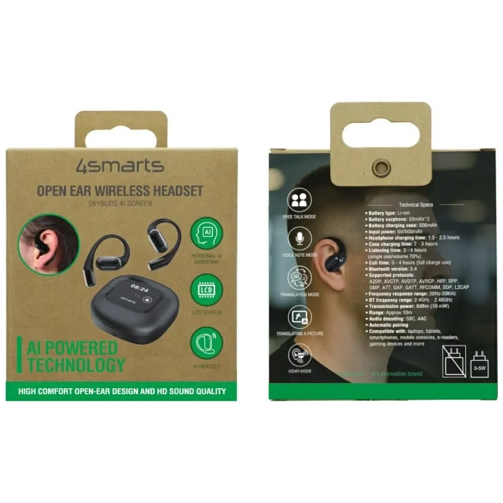 Słuchawki Bluetooth 4smarts SkyBuds OWS Open-Ear z ekranem AI czarny