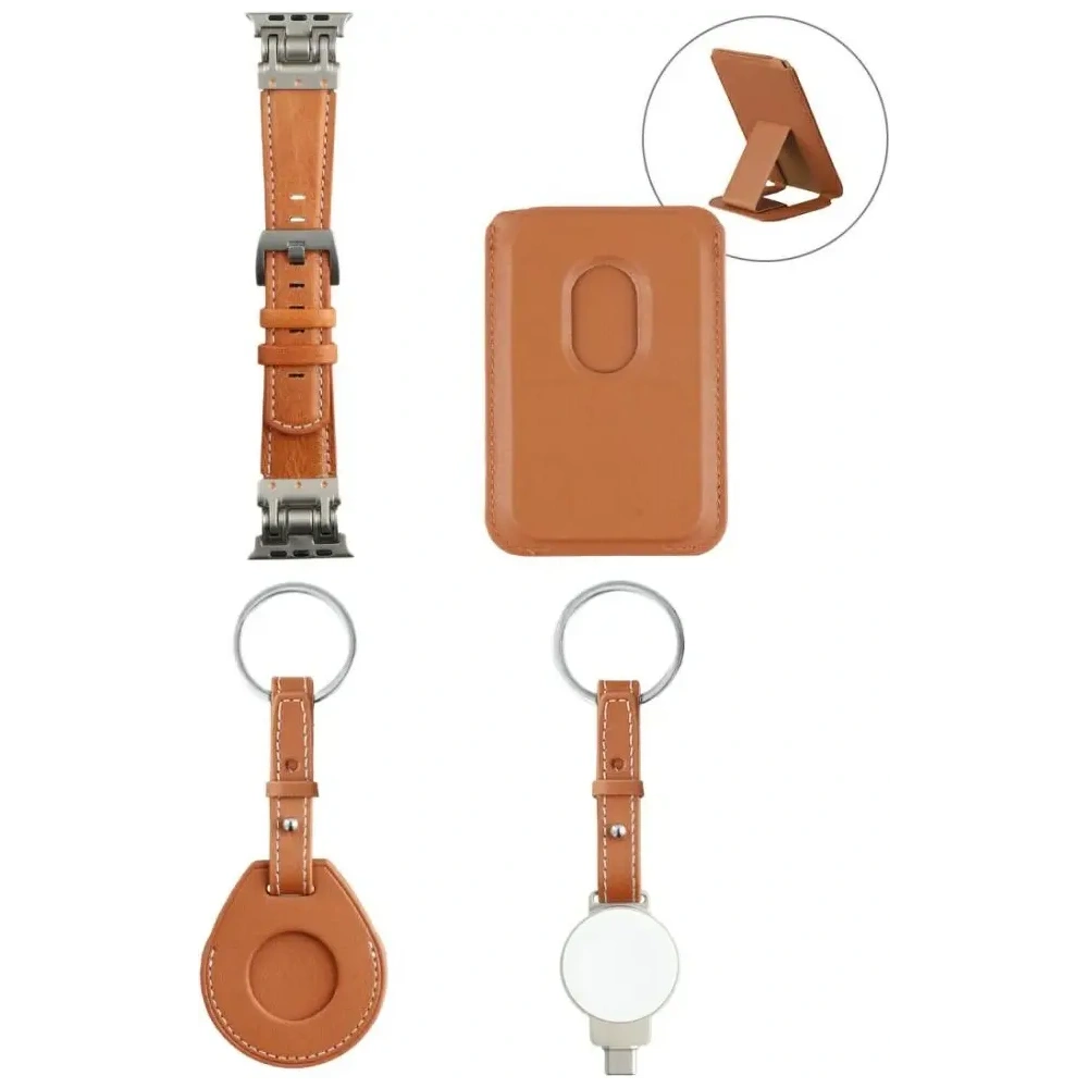 Zestaw akcesoriów 4w1 4smarts Style portfel MagSafe, ładowarka do Apple Watch, pasek do Apple Watch, etui na AirTag brązowy