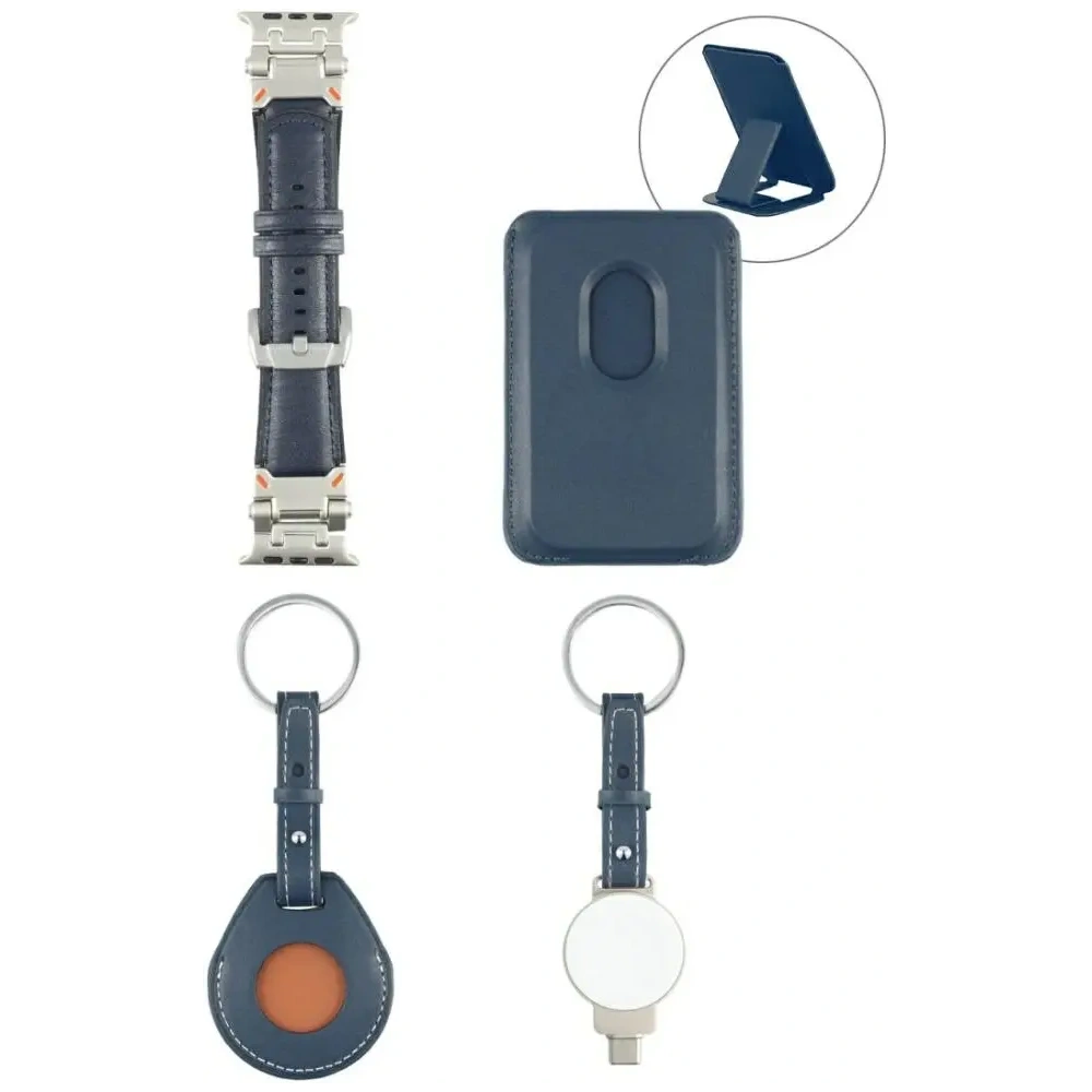 Zestaw akcesoriów 4w1 4smarts Style portfel MagSafe, ładowarka do Apple Watch, pasek do Apple Watch, etui na AirTag niebieski
