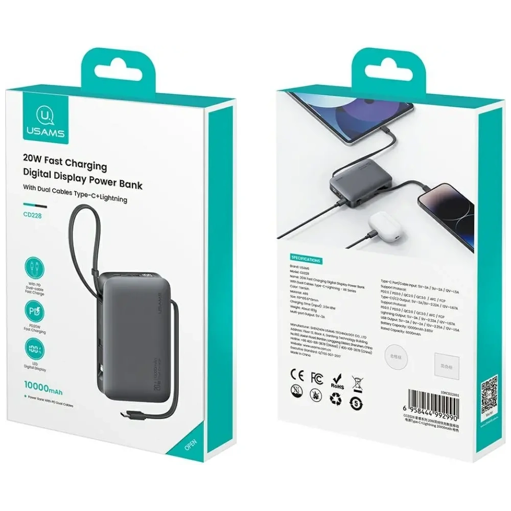 Powerbank USAMS XR Series CD228 10000mAh 20W + kabel USB-C / Lightning biały