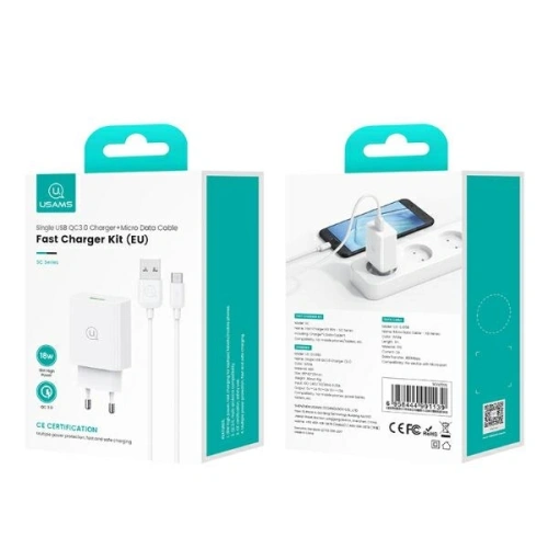 Ładowarka sieciowa USAMS SC Series SCXLTZ01 18W Fast Charging + kabel MicroUSB / USB-A 1m biała