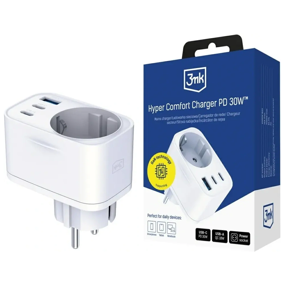 Adapter sieciowy 3MK Hyper Comfort Charger 30W AC, USB-A, 2xUSB-C PD QC3.0 biały