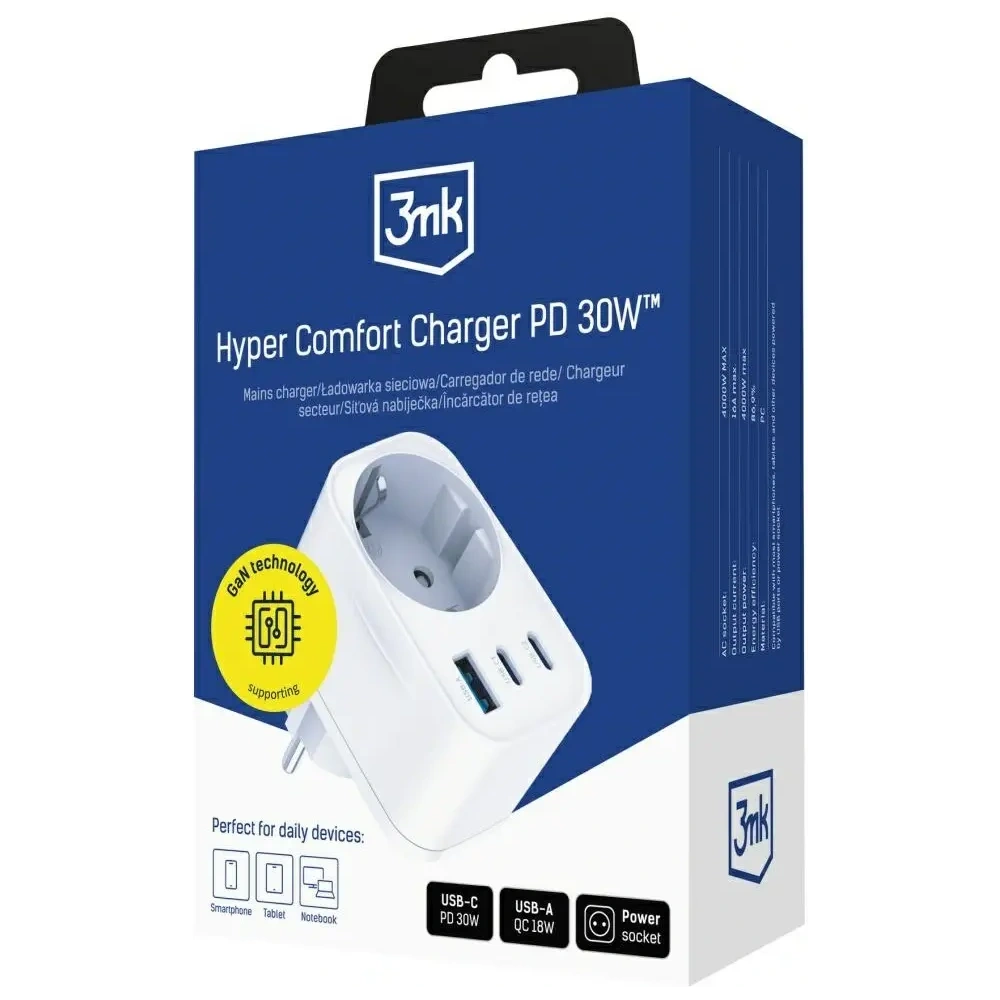 Adapter sieciowy 3MK Hyper Comfort Charger 30W AC, USB-A, 2xUSB-C PD QC3.0 biały