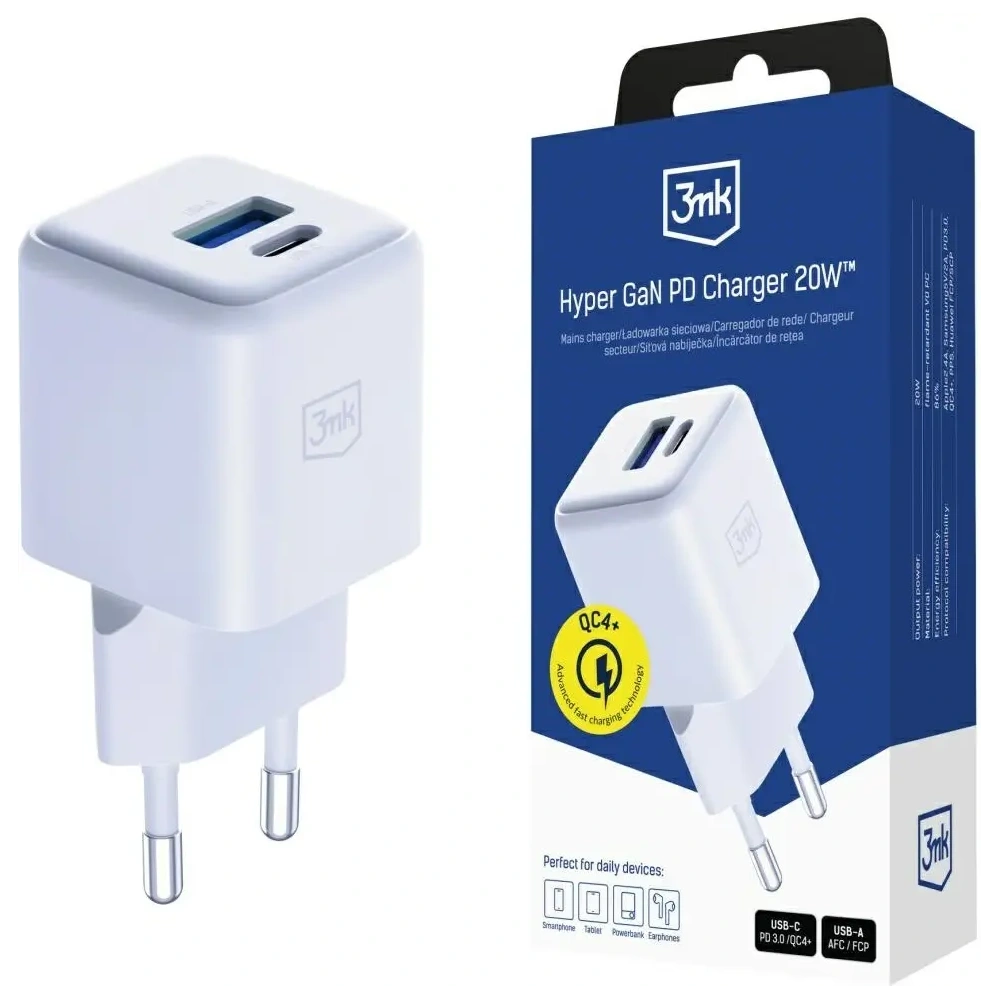 Ładowarka sieciowa 3MK Hyper GaN Charger 20W USB-A, USB-C PD QC4+ biały