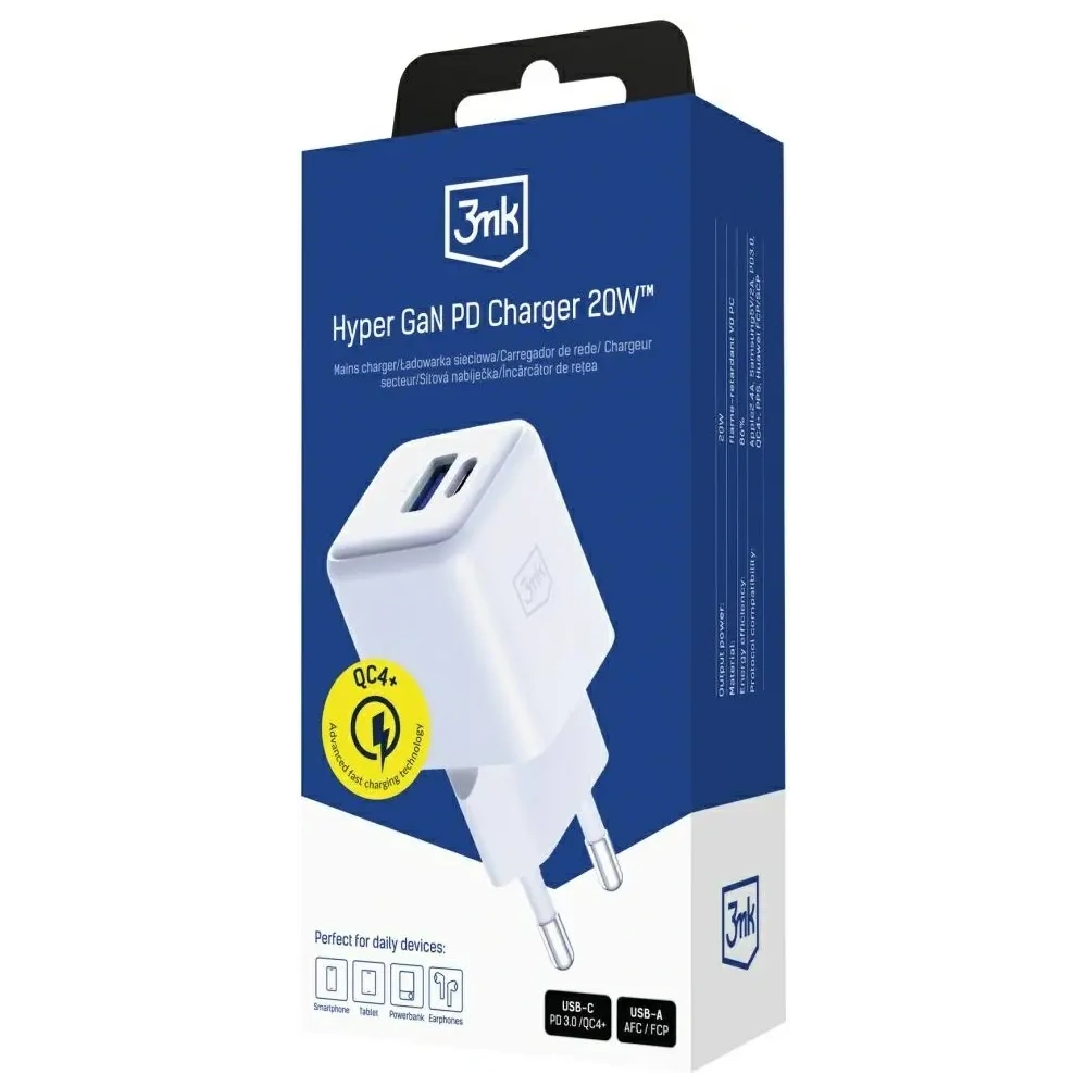 Ładowarka sieciowa 3MK Hyper GaN Charger 20W USB-A, USB-C PD QC4+ biały