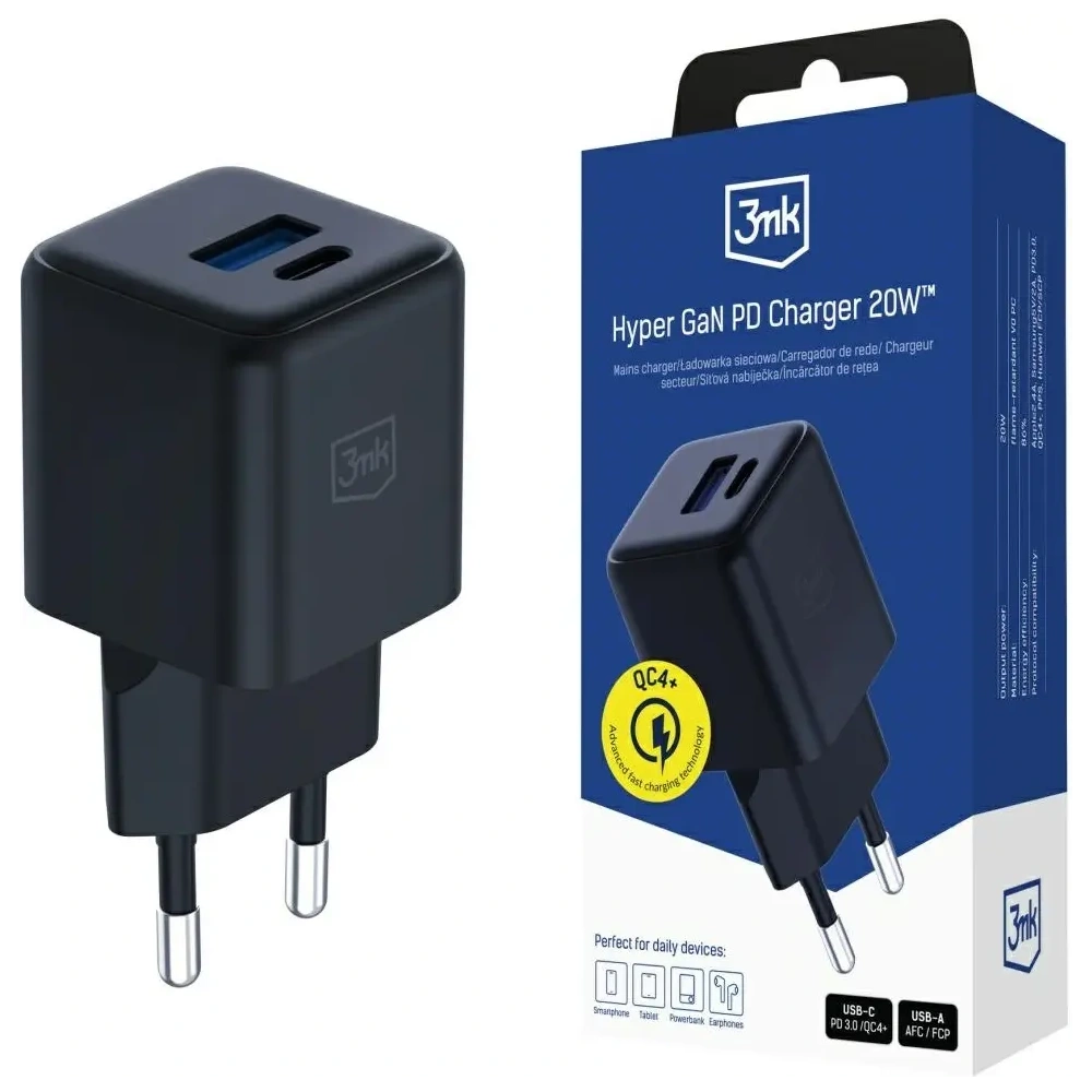 Ładowarka sieciowa 3MK Hyper GaN Charger 20W USB-A, USB-C PD QC4+ czarny