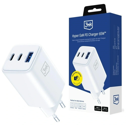 3MK Hyper GaN Charger 65W USB-A, 2xUSB-C PD QC4+ white