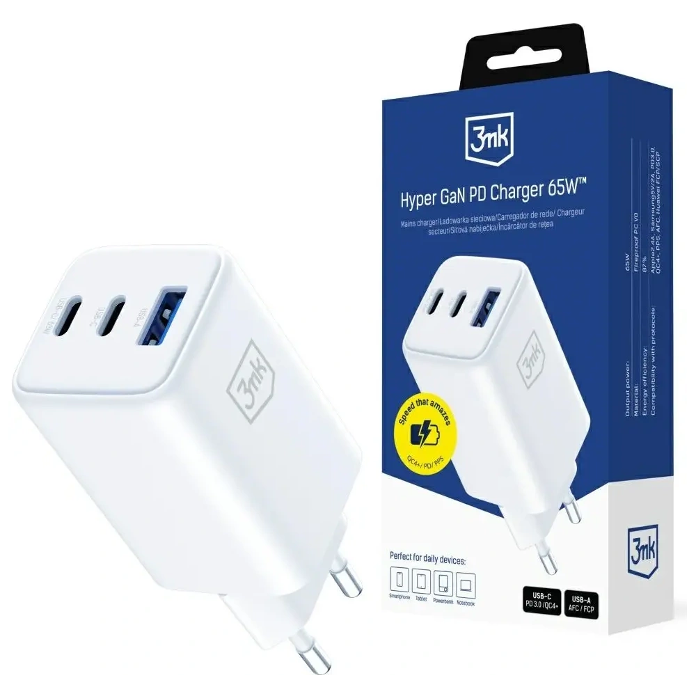 Ładowarka sieciowa 3MK Hyper GaN Charger 65W USB-A, 2xUSB-C PD QC4+ biały