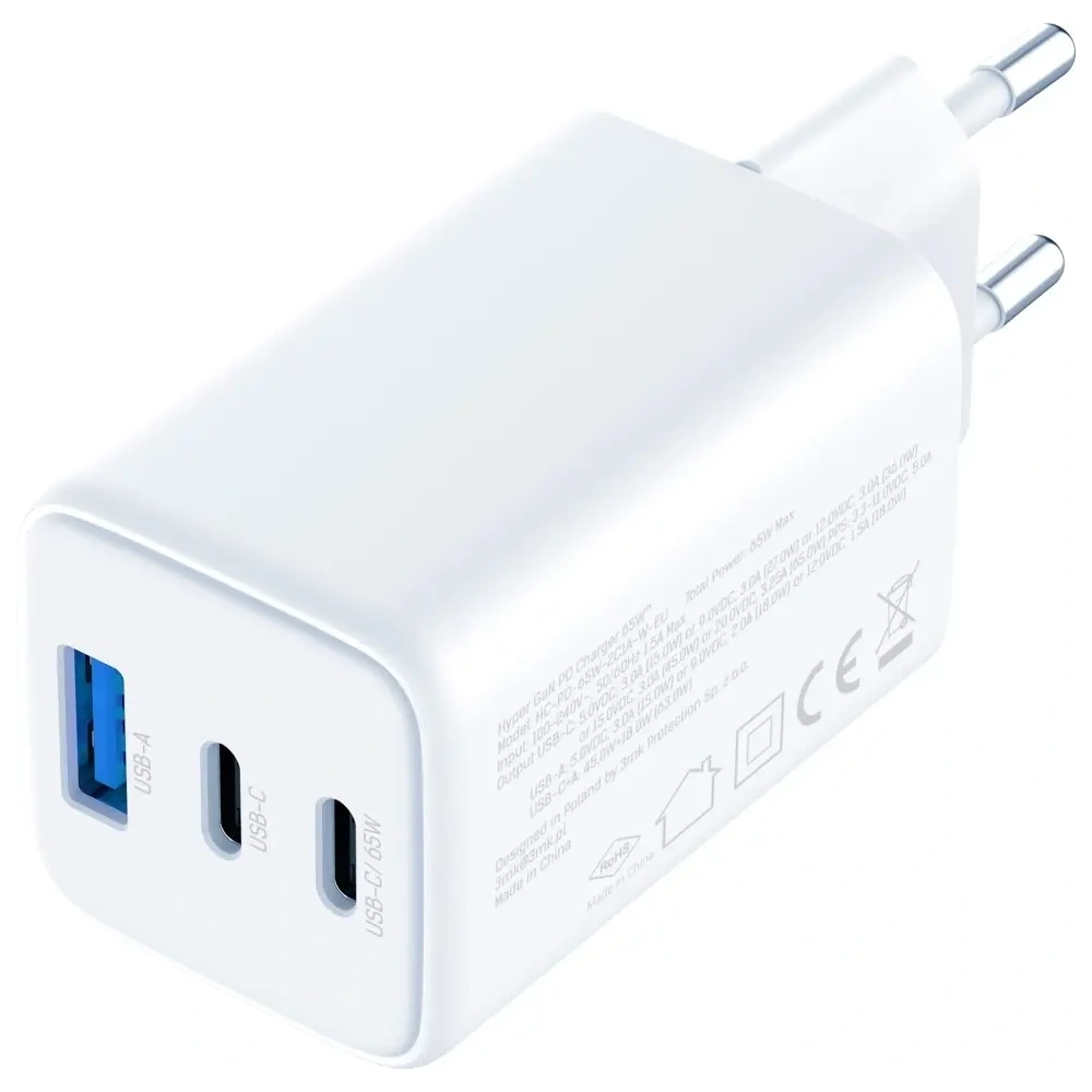 Ładowarka sieciowa 3MK Hyper GaN Charger 65W USB-A, 2xUSB-C PD QC4+ biały