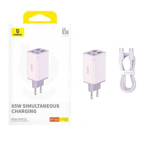 Baseus GaN6 Pro 2xUSB-A, 2xUSB-C, 65W Wandladegerät (lila)