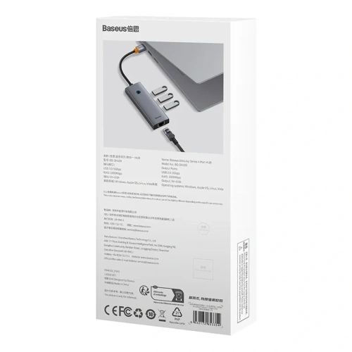 Baseus UltraJoy Series Lite Hub 4-Port USB-A / 3xUSB-A 3.0, RJ45, USB-C 5V (šedá)