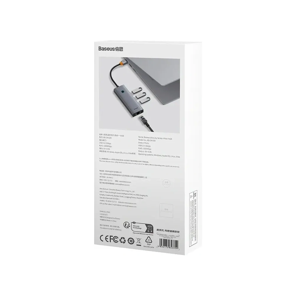 Hub Baseus UltraJoy Series Lite 4-Port USB-A / 3xUSB-A 3.0, RJ45, USB-C 5V (szary)