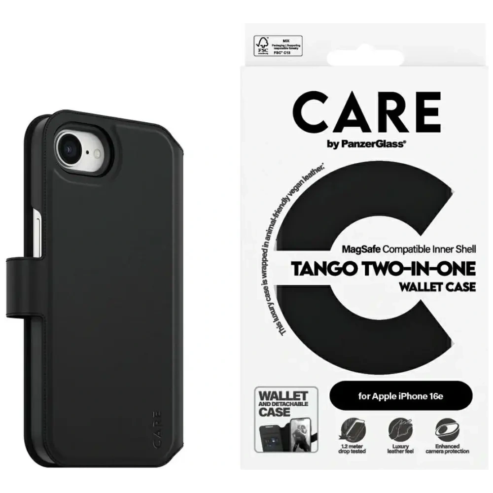 Etui z klapką CARE by PanzerGlass Feature Tango 2w1 Wallet MagSafe do Apple iPhone 16e czarny