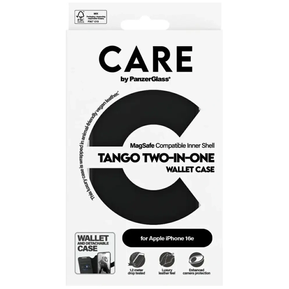 Etui z klapką CARE by PanzerGlass Feature Tango 2w1 Wallet MagSafe do Apple iPhone 16e czarny