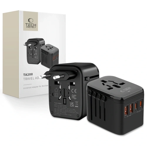 Adaptor de călătorie Tech-Protect TA200 EU / UK / US / AU 2xUSB-A, 2xUSB-C Negru