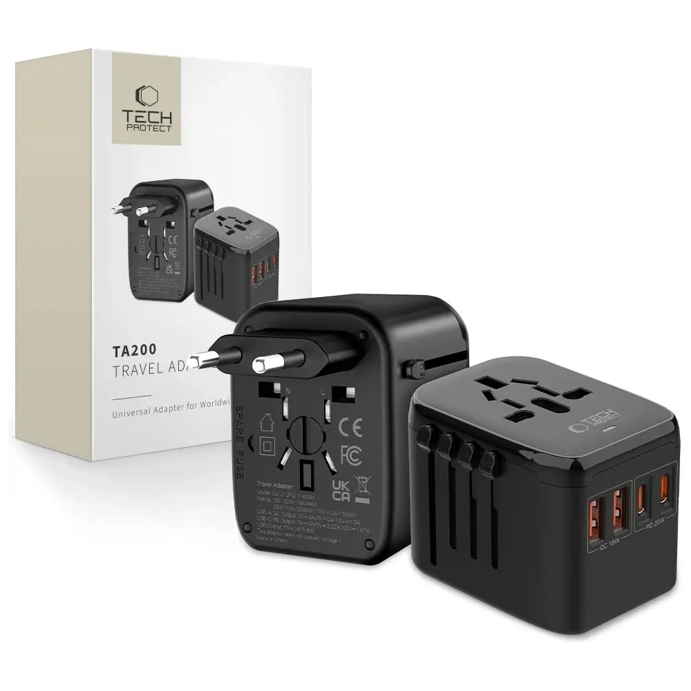 Adapter podróżny Tech-Protect TA200 Travel Adapter EU / UK / US / AU 2xUSB-A, 2xUSB-C Black