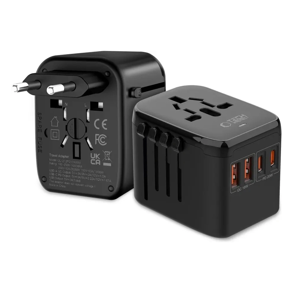 Adapter podróżny Tech-Protect TA200 Travel Adapter EU / UK / US / AU 2xUSB-A, 2xUSB-C Black