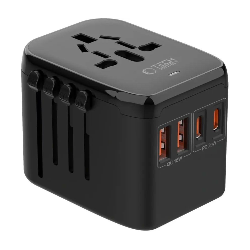 Adapter podróżny Tech-Protect TA200 Travel Adapter EU / UK / US / AU 2xUSB-A, 2xUSB-C Black
