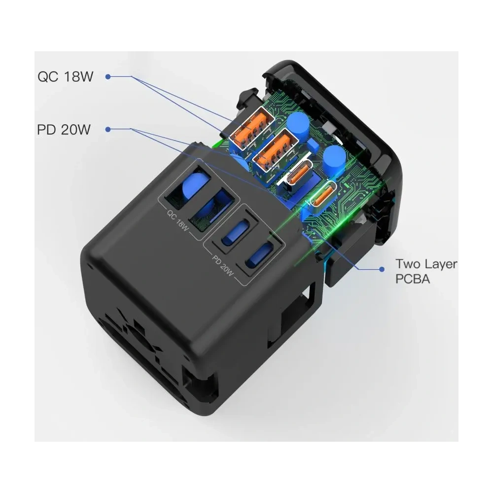 Adapter podróżny Tech-Protect TA200 Travel Adapter EU / UK / US / AU 2xUSB-A, 2xUSB-C Black