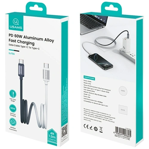 USAMS Bicolor Series SJ756 PD 60W USB-C / USB-C kabel 1,2m černobílý