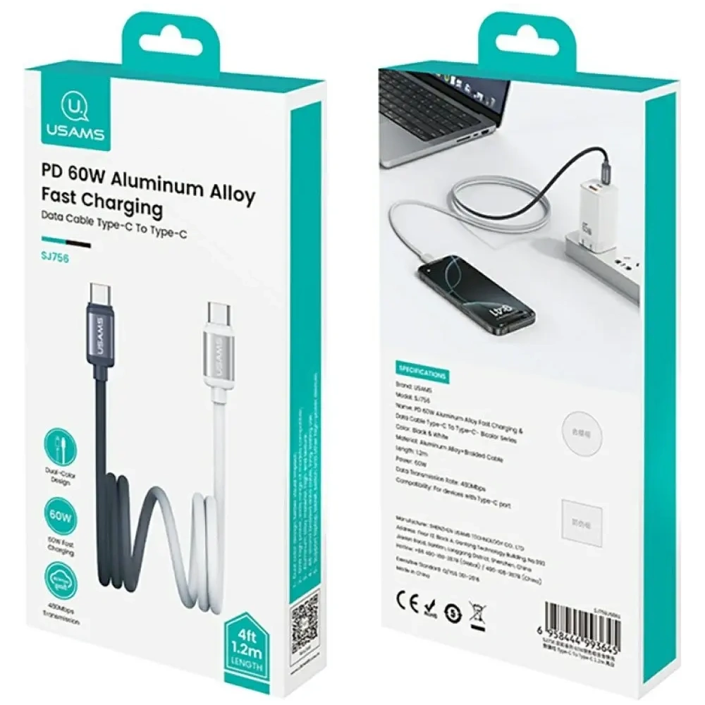 Kabel USB-C / USB-C USAMS Bicolor Series SJ756 PD 60W 1.2m czarno biały