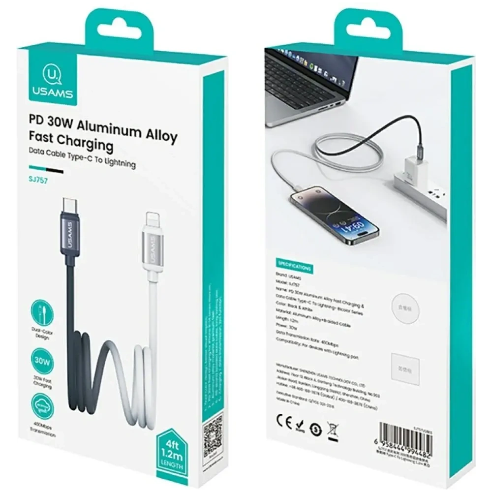 Kabel USB-C / Lightning USAMS Bicolor Series SJ757 PD 30W 1.2m czarno biały