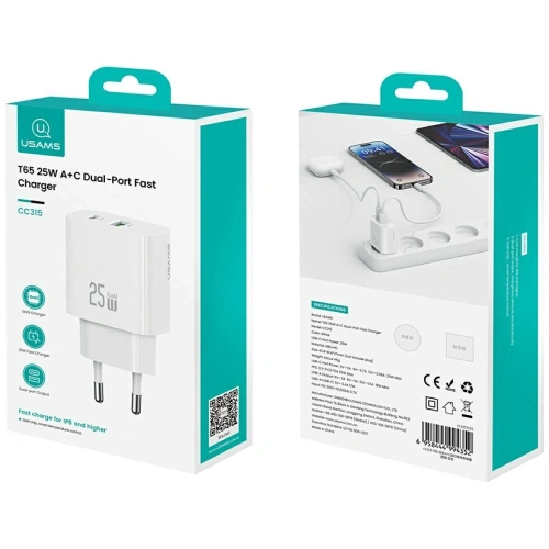 USAMS CC315 T65 25W USB-A, USB-C Rychlá nabíječka do zásuvky Bílá