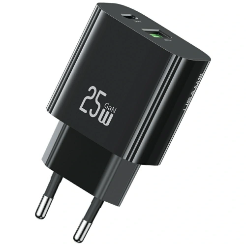 USAMS CC315 T65 25W USB-A, USB-C Rychlonabíjecí nástěnná nabíječka Černá