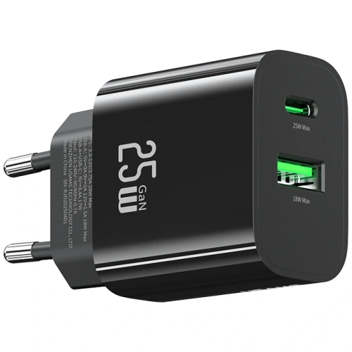 USAMS CC315 T65 25W USB-A, USB-C Rychlonabíjecí nástěnná nabíječka Černá