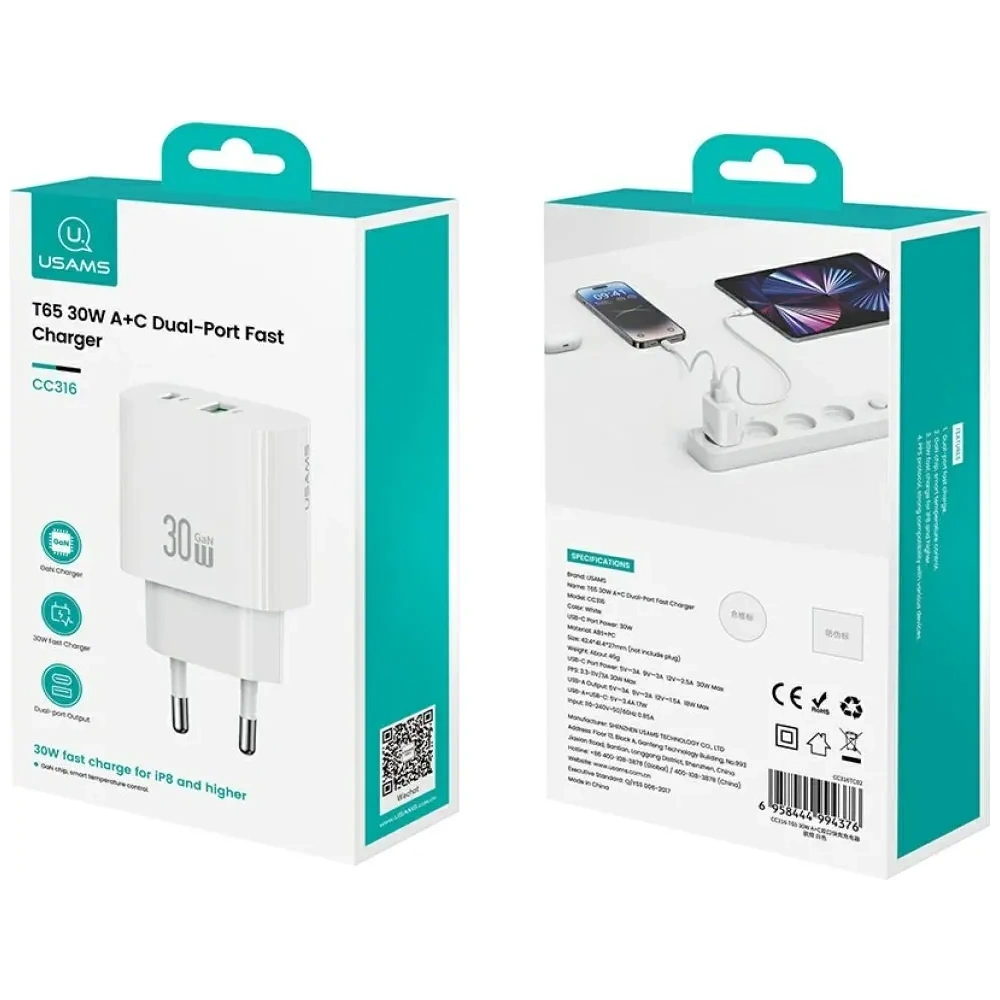 Ładowarka sieciowa USAMS CC316 T65 30W USB-A, USB-C Fast Charging biały