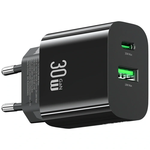 USAMS CC316 T65 30W USB-A, USB-C Rychlonabíjecí nástěnná nabíječka černá