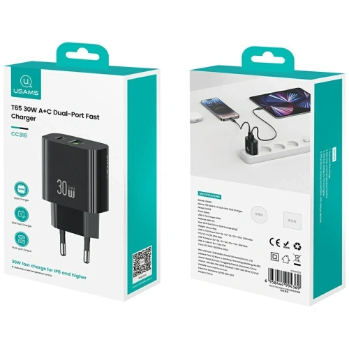 USAMS CC316 T65 30W USB-A, USB-C Rychlonabíjecí nástěnná nabíječka černá