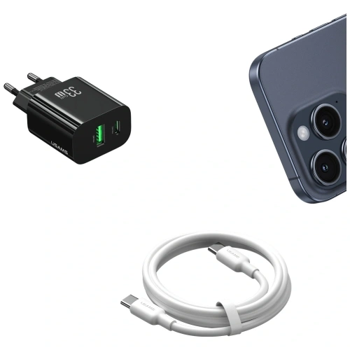 USAMS CC317 T65 33W USB-A, USB-C Rychlonabíjecí nástěnná nabíječka Černá
