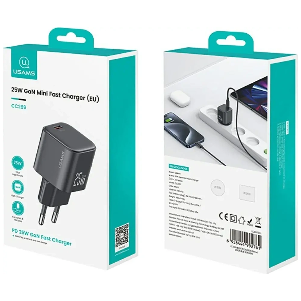 Ładowarka sieciowa USAMS JC Series CC289 25W GaN Mini Fast Charger USB-C czarny
