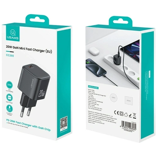 USAMS JO Series CC260 20W USB-C Nástěnný nabíječ + 1m USB-C na USB-C kabel Bílý