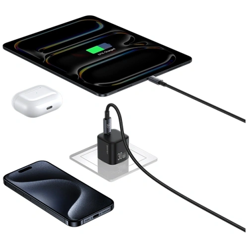 USAMS JO Series CC262 30W USB-C Nástěnný nabíječ + 1m USB-C / Lightning kabel Bílý