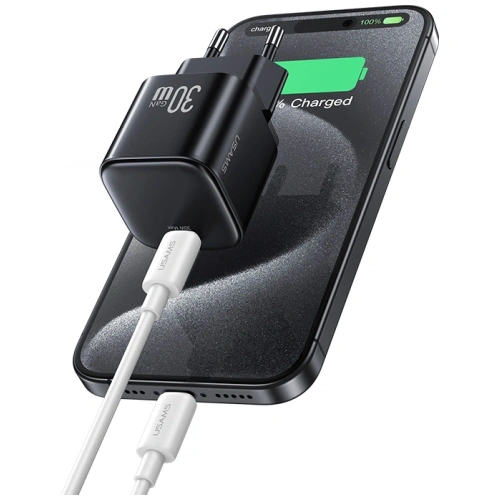 USAMS JO Series CC262 30W USB-C Nástěnný nabíječ + 1m USB-C / Lightning kabel Bílý