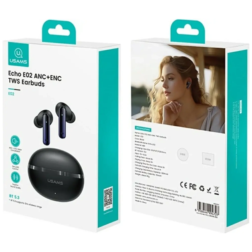 Bezprzewodowe słuchawki dokanałowe USAMS Echo E02 TWS ANC+ENC Bluetooth 5.3 (czarne)