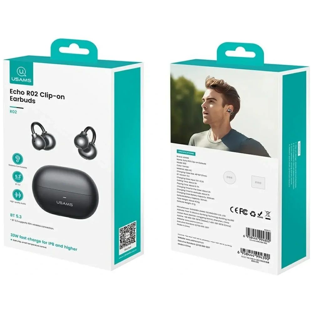 Bezprzewodowe słuchawki Clip-on USAMS Echo R02 Bluetooth 5.3 (szare)