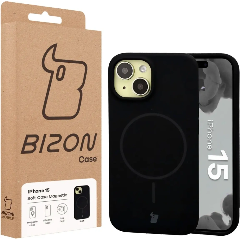 Silikonowe etui z pierścieniem magnetycznym Bizon Soft Case Magnetic do Apple iPhone 15 czarne
