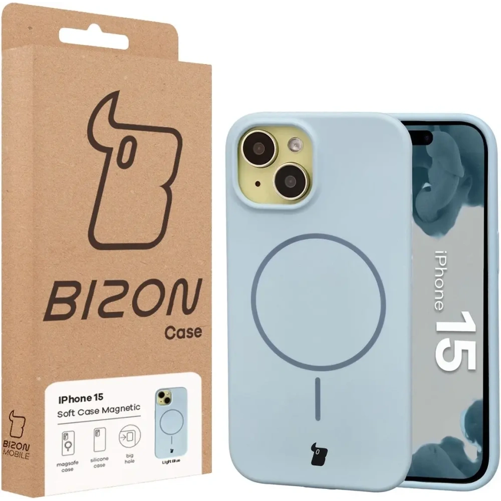 Silikonowe etui z pierścieniem magnetycznym Bizon Soft Case Magnetic do Apple iPhone 15 błękitne