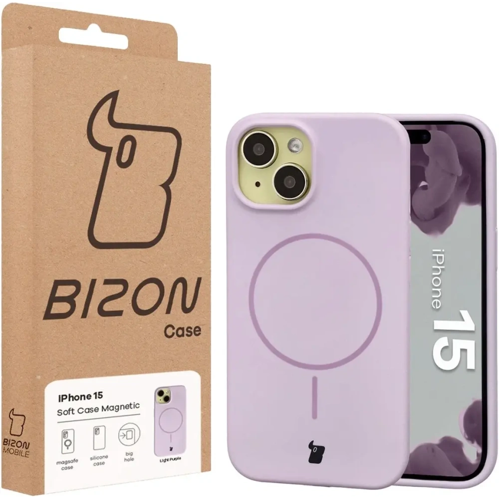 Silikonowe etui z pierścieniem magnetycznym Bizon Soft Case Magnetic do Apple iPhone 15 jasnofioletowe