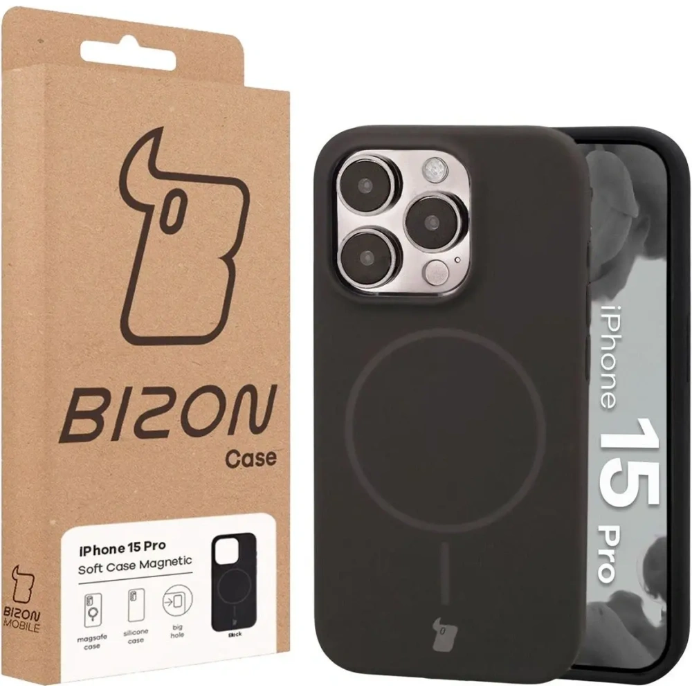 Silikonowe etui z pierścieniem magnetycznym Bizon Soft Case Magnetic do Apple iPhone 15 Pro czarne